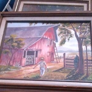 L Carlisle Rustic Farmhouse Painting with Red Barn